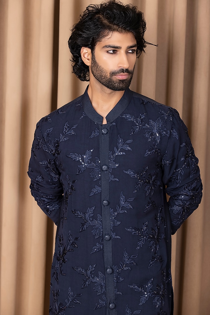 Navy Blue Cotton Silk & Georgette Thread Machine Embroidered Kurta Set by Ankit V Kapoor at Pernia's Pop Up Shop