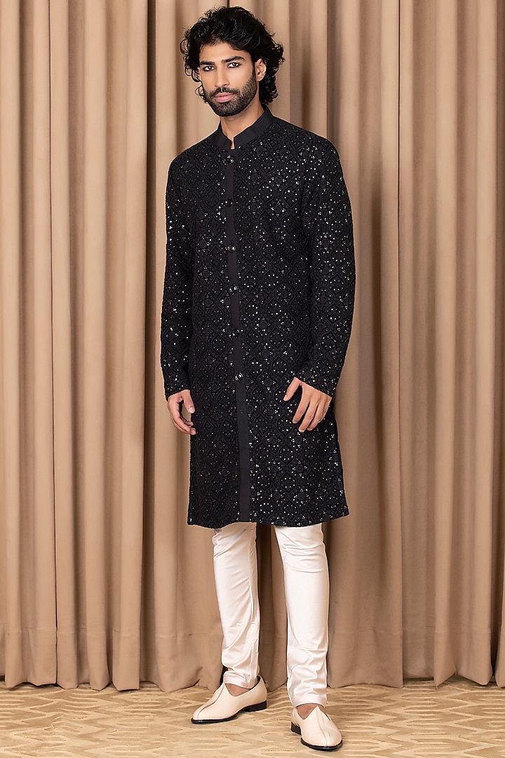 Black Embroidered Kurta Set by Ankit V Kapoor