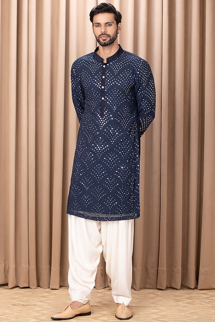 Midnight Blue Embroidered Kurta Set by Ankit V Kapoor