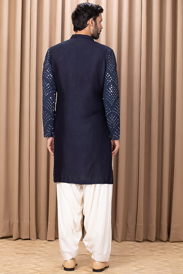 Midnight Blue Cotton Silk & Georgette Mirror Machine Embroidered Kurta Set by Ankit V Kapoor at Pernia's Pop Up Shop