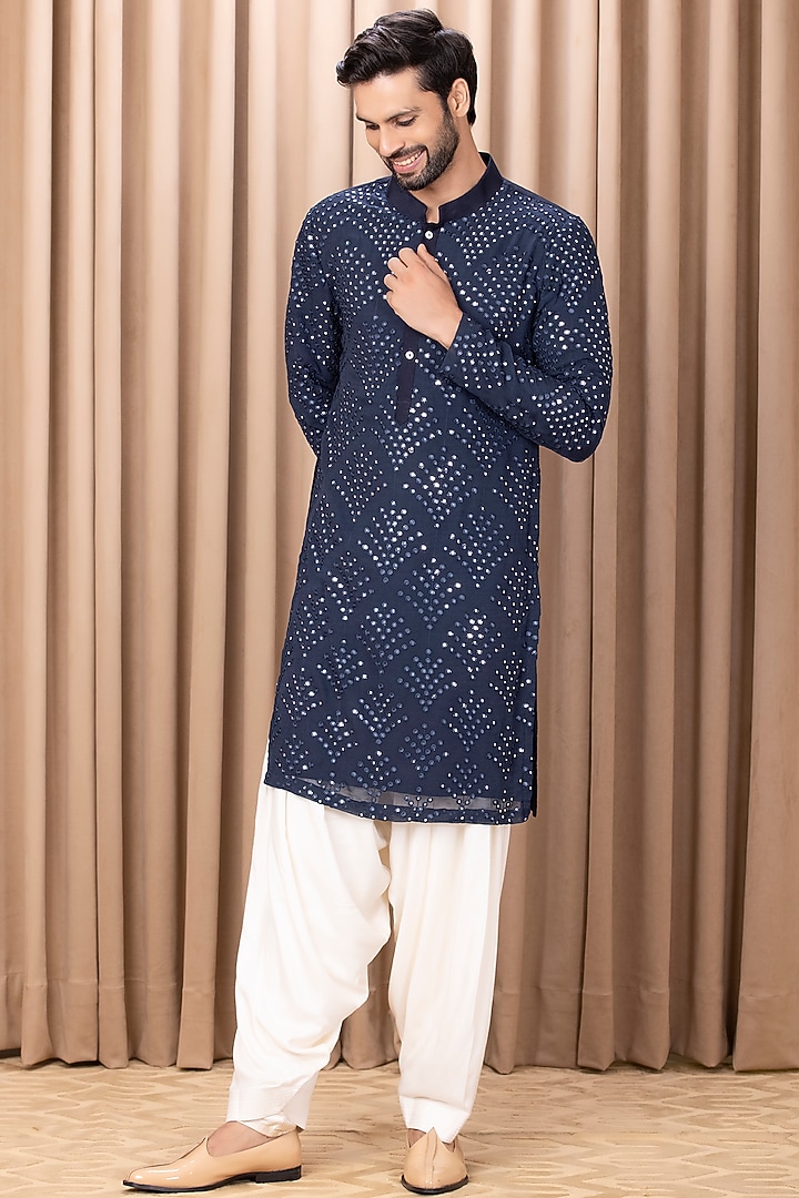 Midnight Blue Cotton Silk & Georgette Mirror Machine Embroidered Kurta Set by Ankit V Kapoor at Pernia's Pop Up Shop