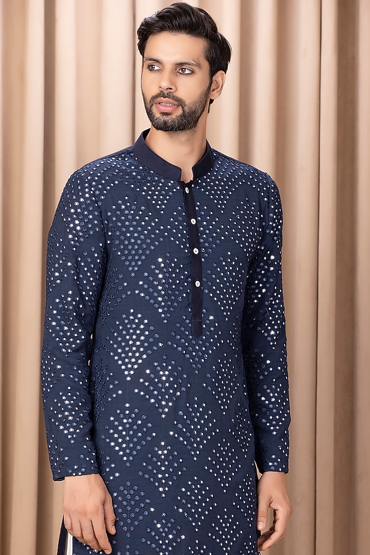 Midnight Blue Cotton Silk & Georgette Mirror Machine Embroidered Kurta Set by Ankit V Kapoor at Pernia's Pop Up Shop