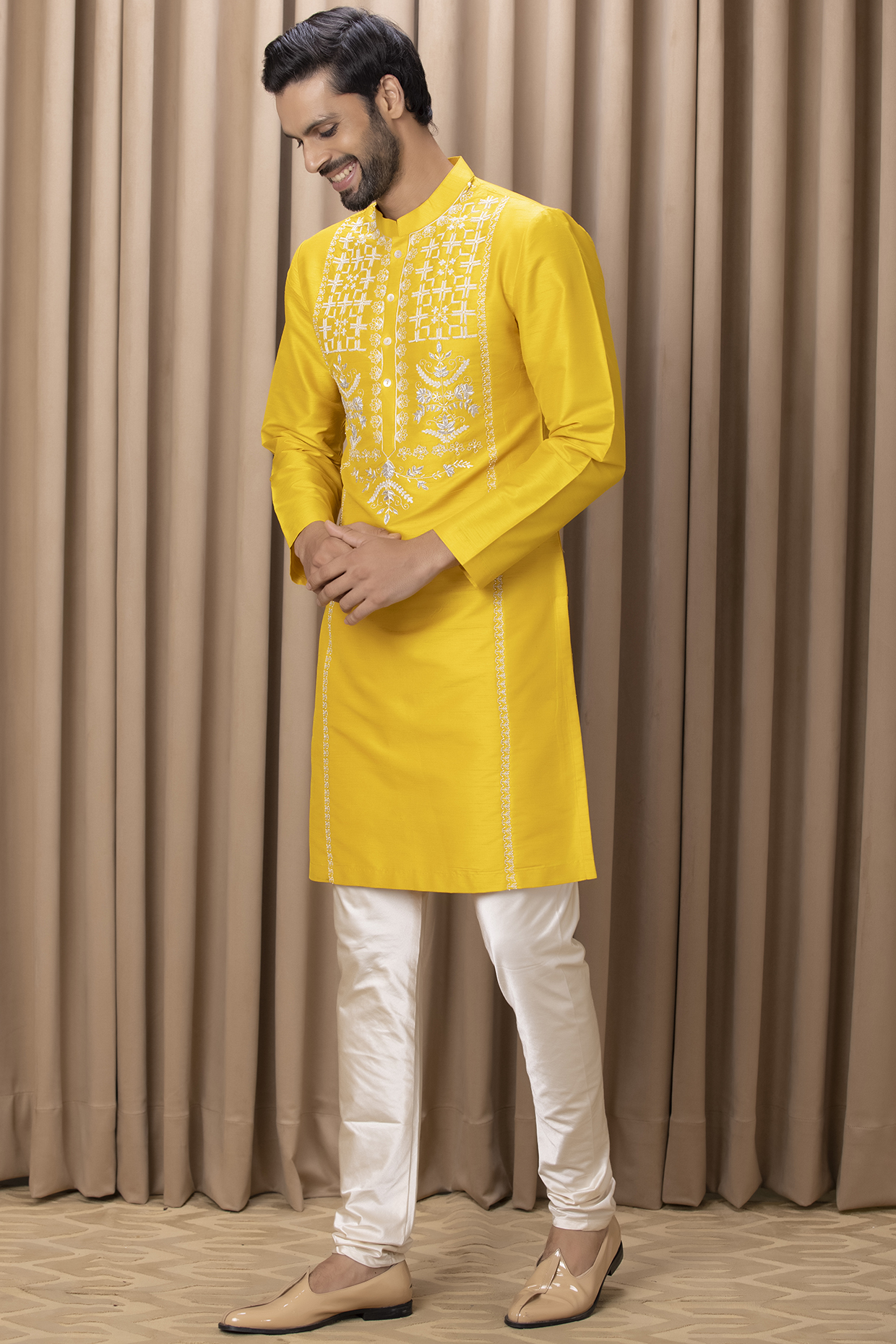 Mustard Hand Embroidered Kurta Set by Ankit V Kapoor