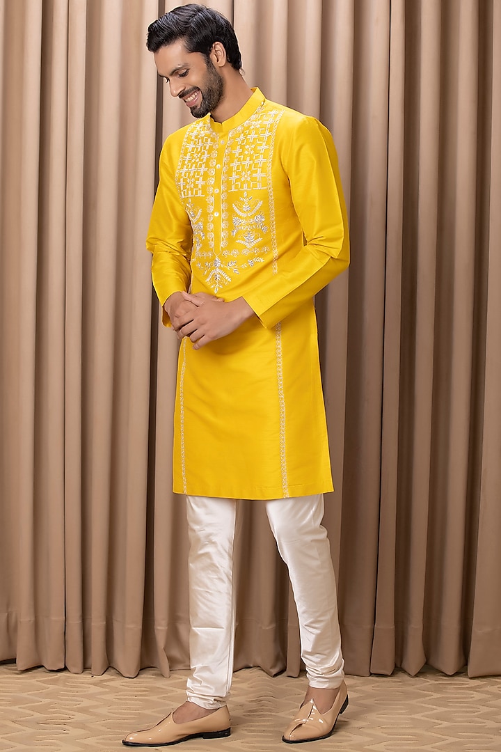 Mustard Hand Embroidered Kurta Set by Ankit V Kapoor