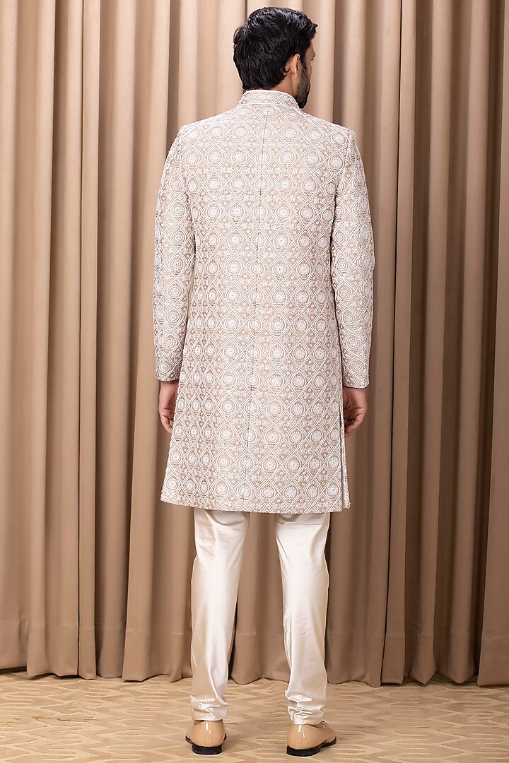 Beige Cotton Silk Hand Embroidered Groom Sherwani Set by Ankit V Kapoor at Pernia's Pop Up Shop