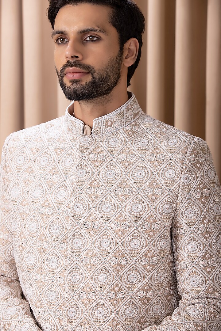 Beige Cotton Silk Hand Embroidered Groom Sherwani Set by Ankit V Kapoor at Pernia's Pop Up Shop