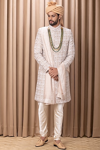 Beige Cotton Silk Hand Embroidered Sherwani Set by Ankit V Kapoor