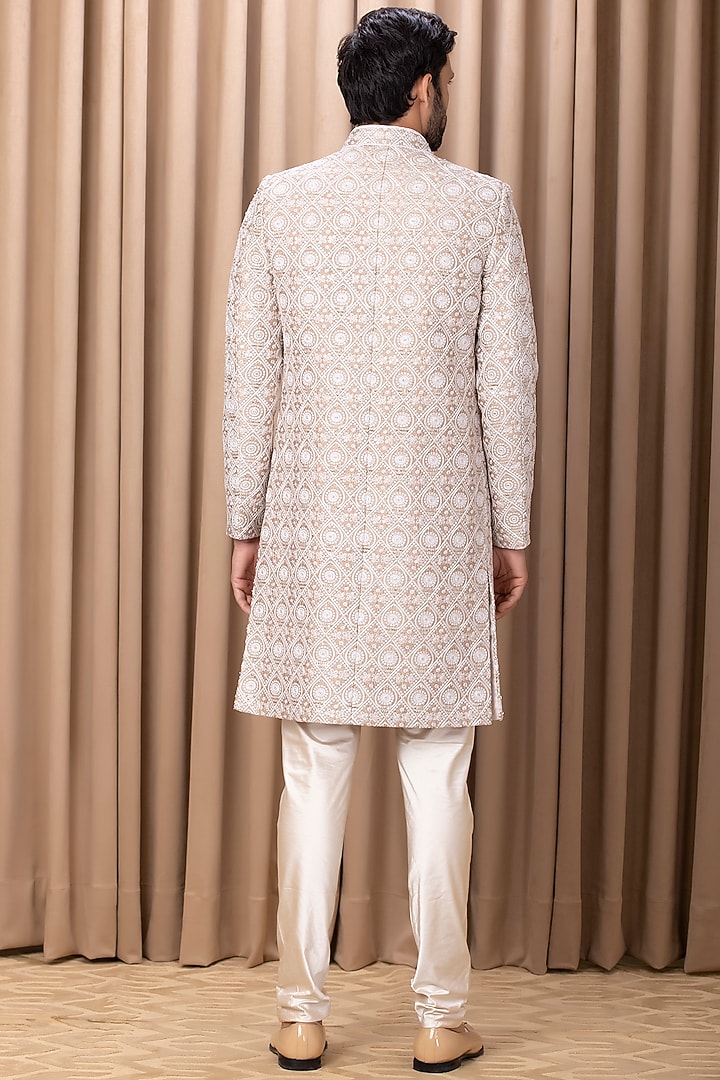 Beige Cotton Silk Hand Embroidered Groom Sherwani Set by Ankit V Kapoor at Pernia's Pop Up Shop