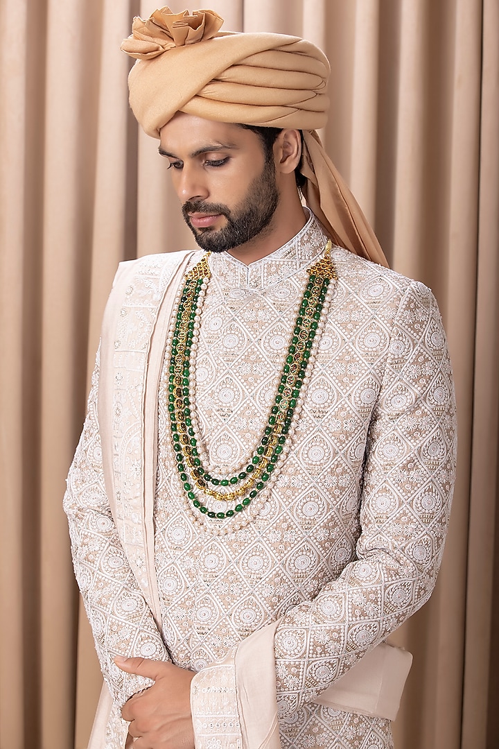 Beige Cotton Silk Hand Embroidered Groom Sherwani Set by Ankit V Kapoor at Pernia's Pop Up Shop