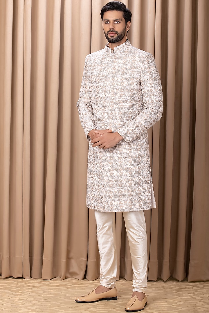 Beige Cotton Silk Hand Embroidered Groom Sherwani Set by Ankit V Kapoor at Pernia's Pop Up Shop