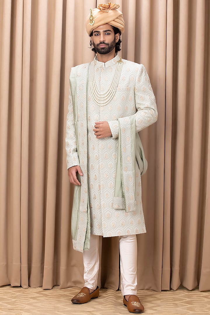 Mint Green Embroidered Sherwani Set With Stole by Ankit V Kapoor