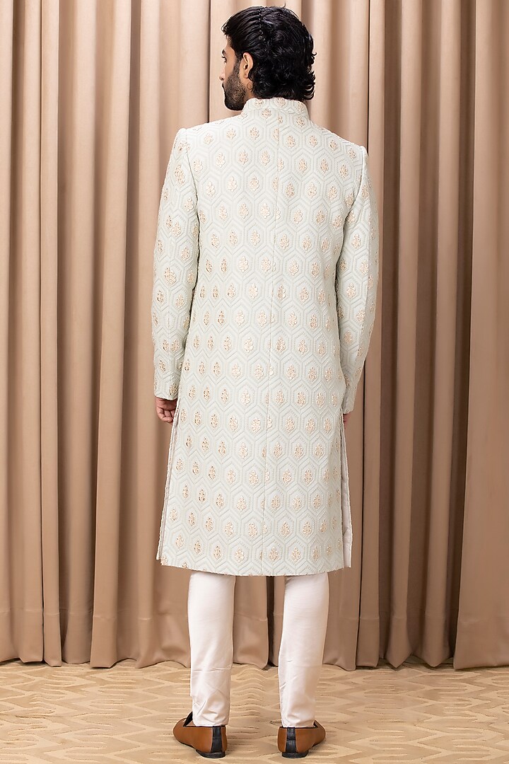 Mint Green Embroidered Groom Sherwani Set With Stole by Ankit V Kapoor at Pernia's Pop Up Shop