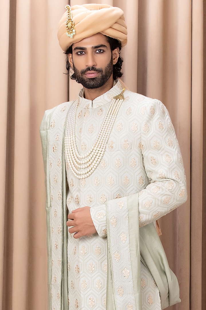 Mint Green Embroidered Groom Sherwani Set With Stole by Ankit V Kapoor at Pernia's Pop Up Shop