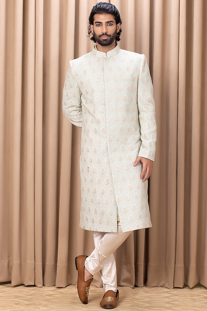 Mint Green Embroidered Groom Sherwani Set With Stole by Ankit V Kapoor at Pernia's Pop Up Shop