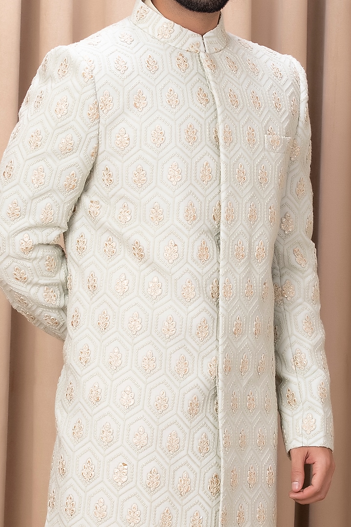 Mint Green Embroidered Groom Sherwani Set With Stole by Ankit V Kapoor at Pernia's Pop Up Shop