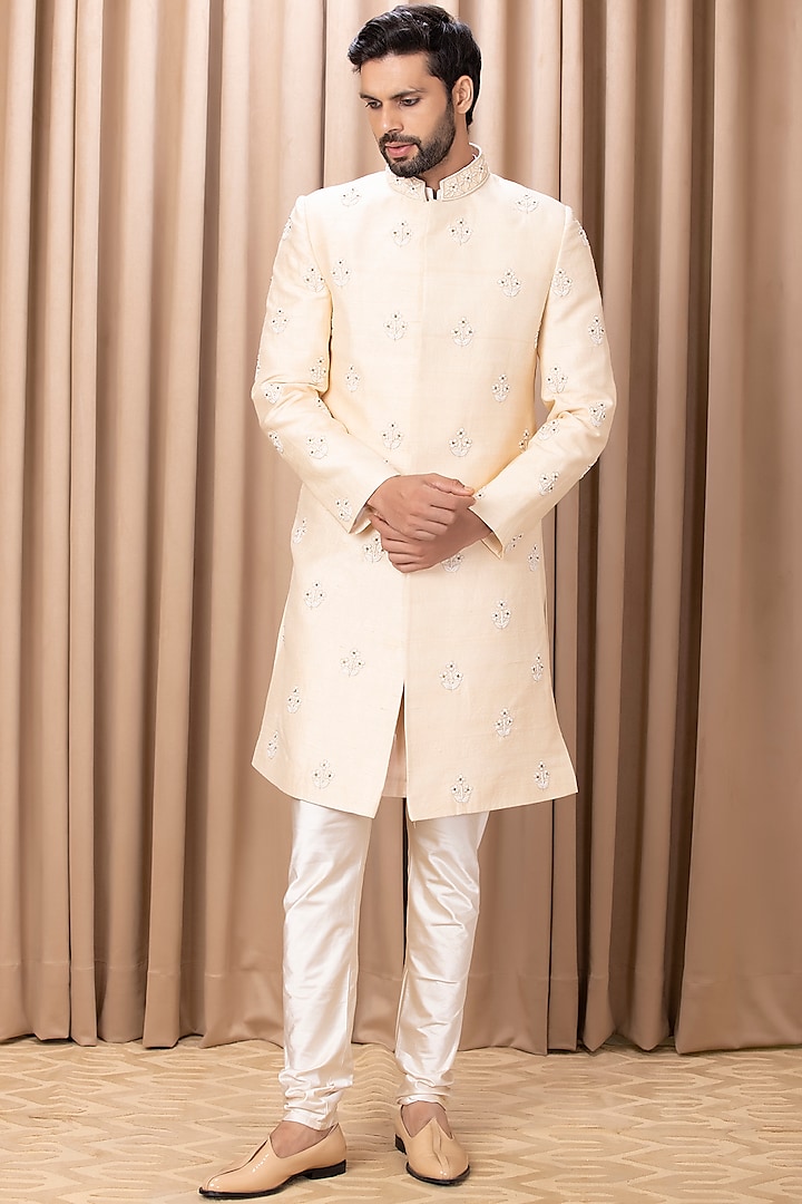 Peach Embroidered Sherwani Set by Ankit V Kapoor