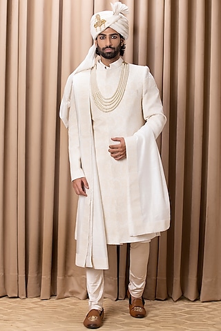 Ivory Embroidered Sherwani Set With Stole by Ankit V Kapoor