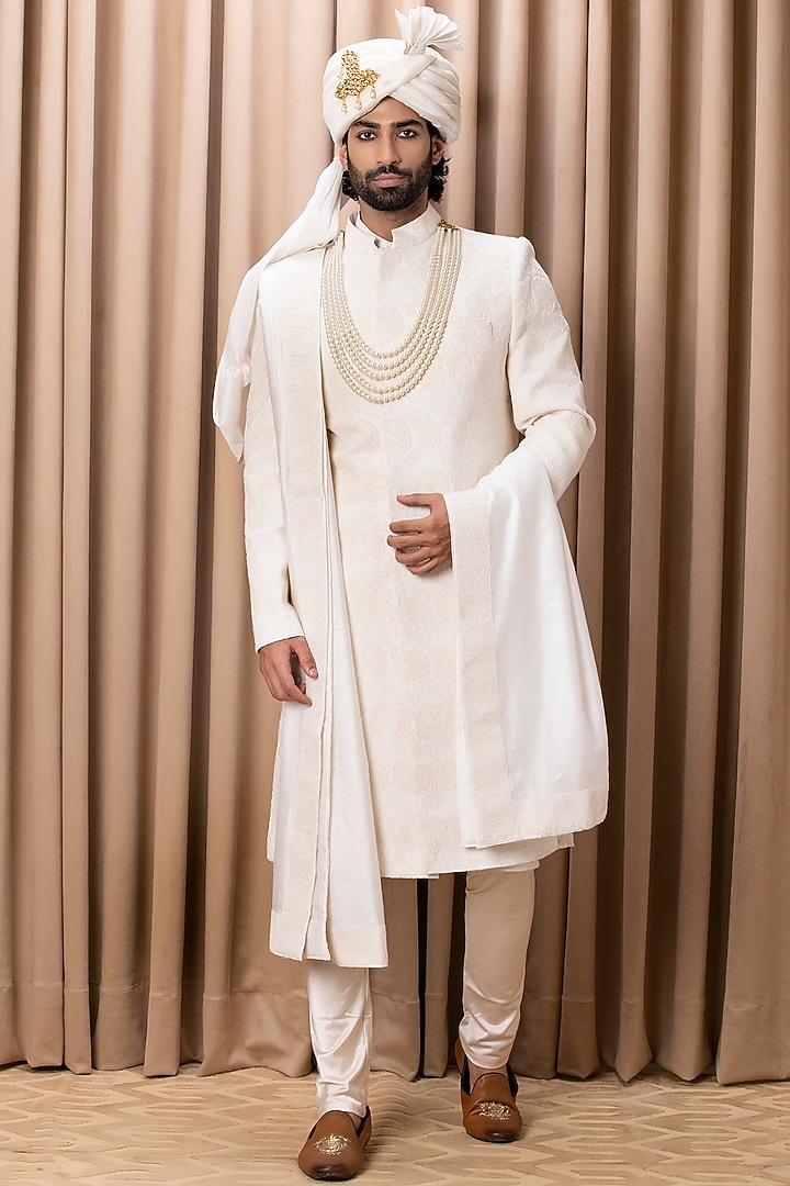 Ivory Embroidered Groom Sherwani Set by Ankit V Kapoor at Pernia's Pop Up Shop