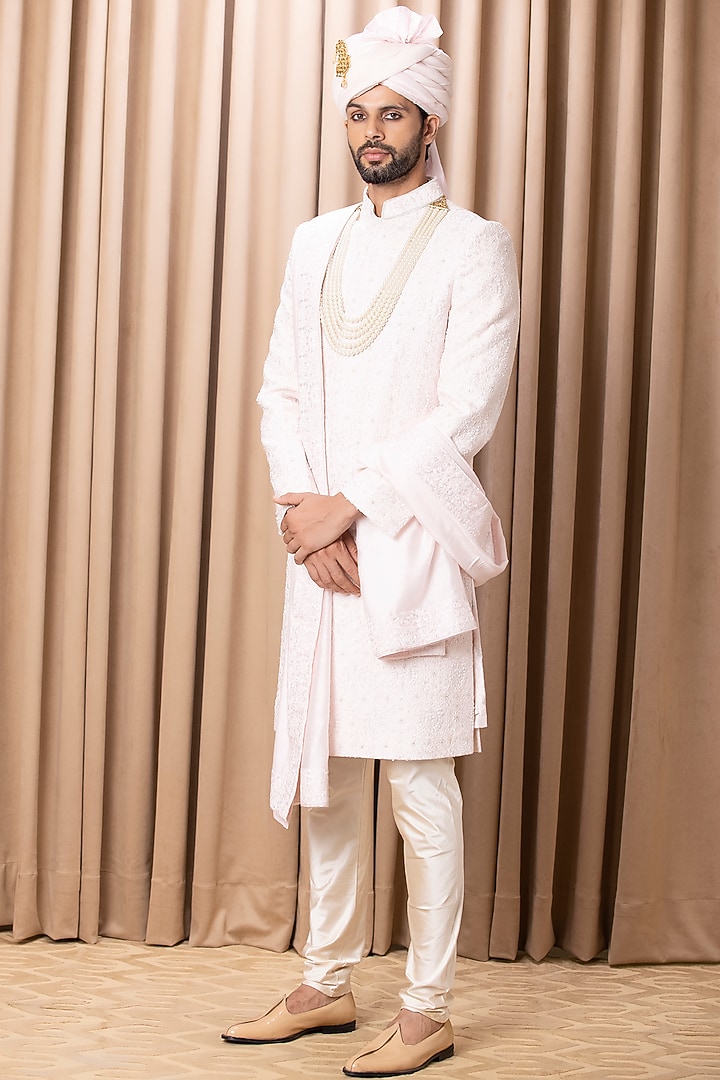 Powder Pink Embroidered Groom Sherwani Set by Ankit V Kapoor at Pernia's Pop Up Shop