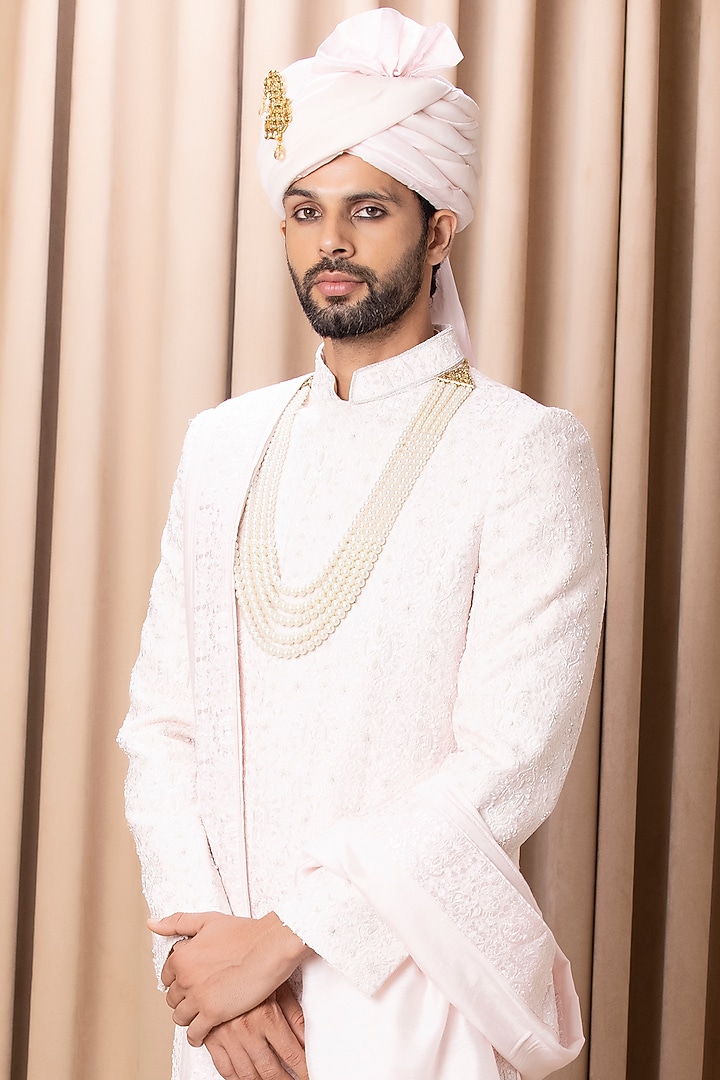 Powder Pink Embroidered Groom Sherwani Set by Ankit V Kapoor at Pernia's Pop Up Shop