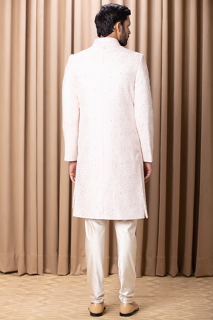 Powder Pink Embroidered Groom Sherwani Set With Stole by Ankit V Kapoor at Pernia's Pop Up Shop