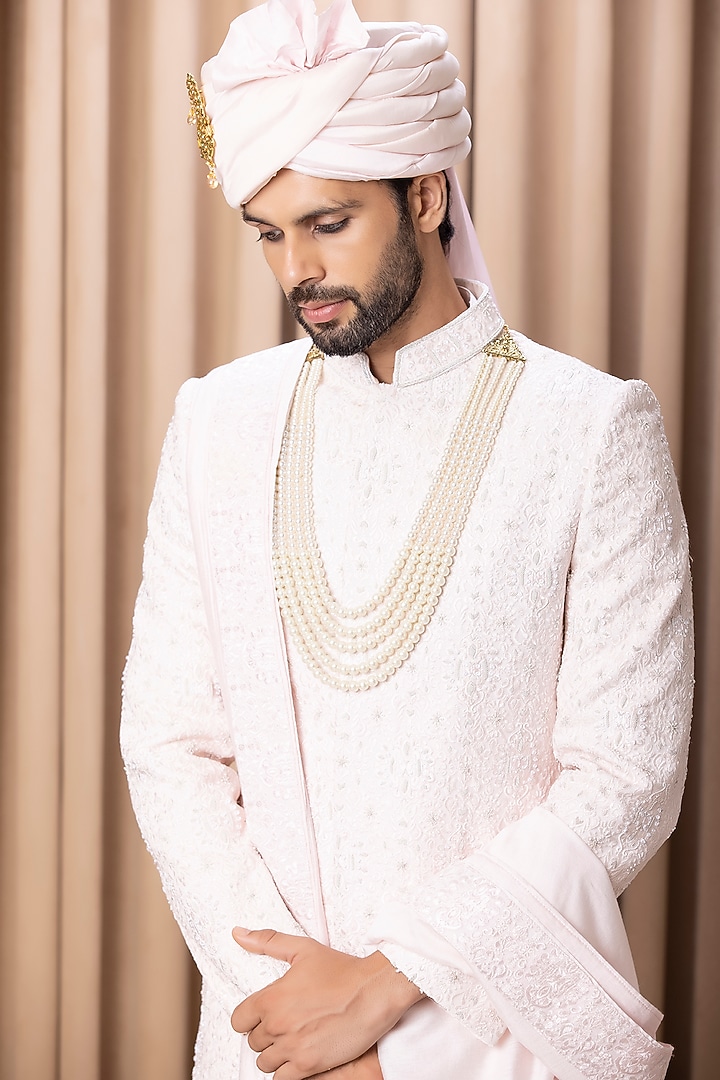 Powder Pink Embroidered Groom Sherwani Set With Stole by Ankit V Kapoor at Pernia's Pop Up Shop