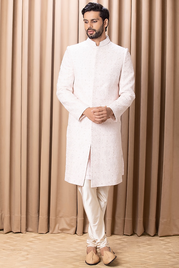 Powder Pink Embroidered Groom Sherwani Set With Stole by Ankit V Kapoor at Pernia's Pop Up Shop