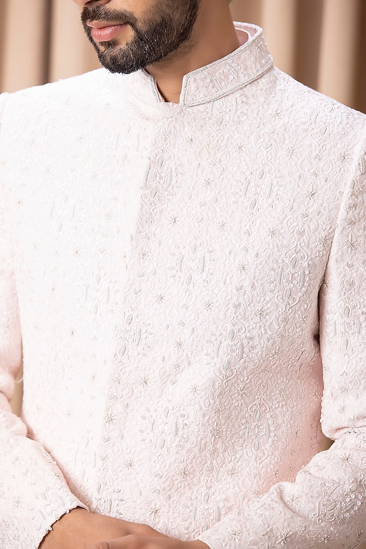 Powder Pink Embroidered Groom Sherwani Set With Stole by Ankit V Kapoor at Pernia's Pop Up Shop