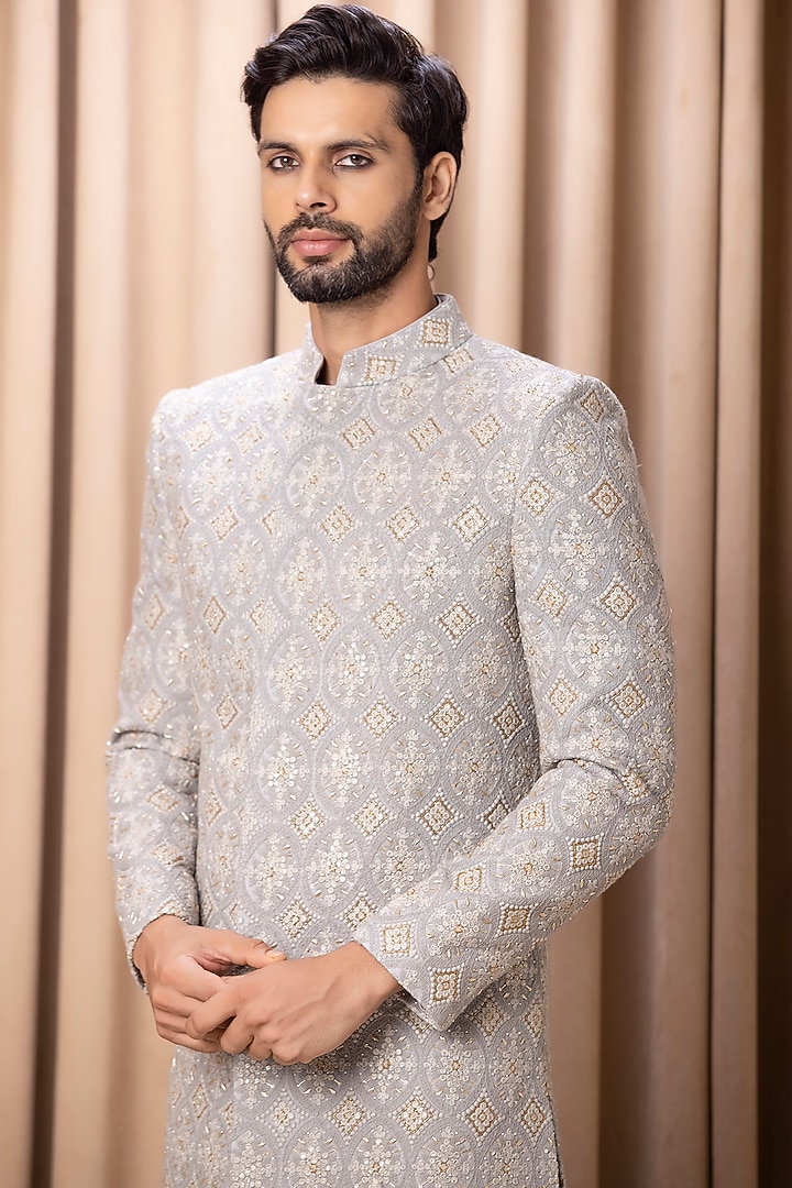 Rhino Grey Embroidered Groom Sherwani Set by Ankit V Kapoor at Pernia's Pop Up Shop