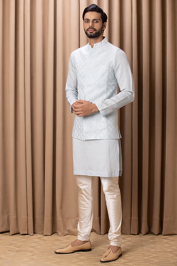 Powder Blue Pure Georgette Machine Embroidered Bundi Jacket by Ankit V Kapoor at Pernia's Pop Up Shop