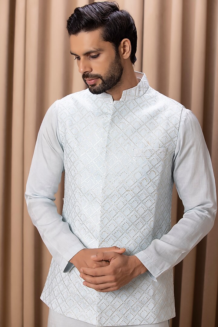 Powder Blue Pure Georgette Machine Embroidered Bundi Jacket by Ankit V Kapoor at Pernia's Pop Up Shop