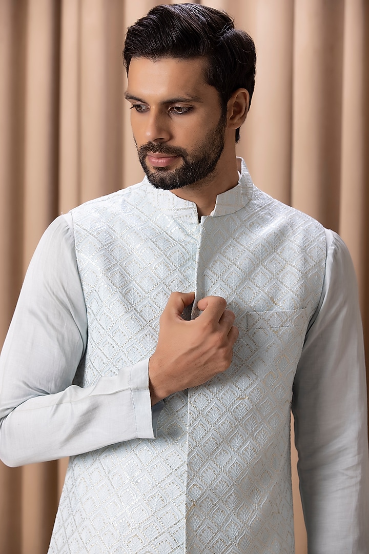 Powder Blue Pure Georgette Machine Embroidered Bundi Jacket by Ankit V Kapoor at Pernia's Pop Up Shop
