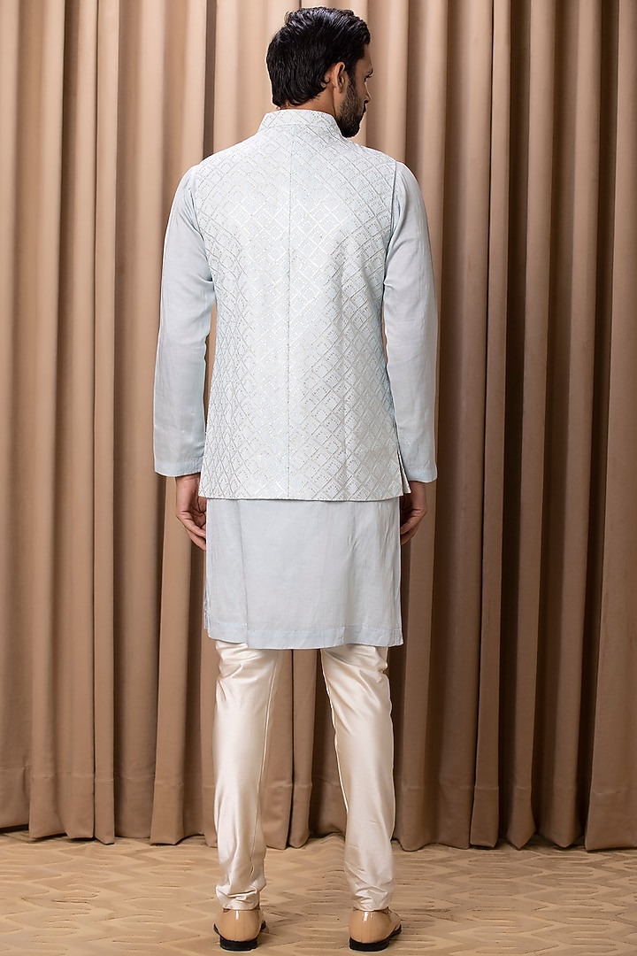 Powder Blue Pure Georgette Sequins Machine Embroidered Bundi Jacket Set by Ankit V Kapoor at Pernia's Pop Up Shop