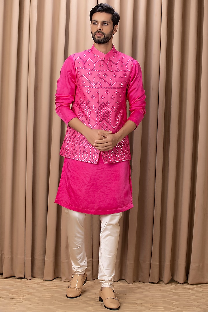 Hot Pink Pure Georgette Thread Embroidered Bundi Jacket Set by Ankit V Kapoor at Pernia's Pop Up Shop