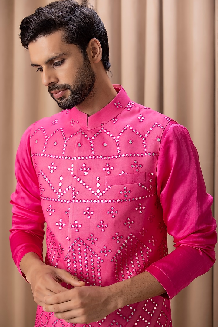 Hot Pink Embroidered Bundi Jacket by Ankit V Kapoor at Pernia's Pop Up Shop