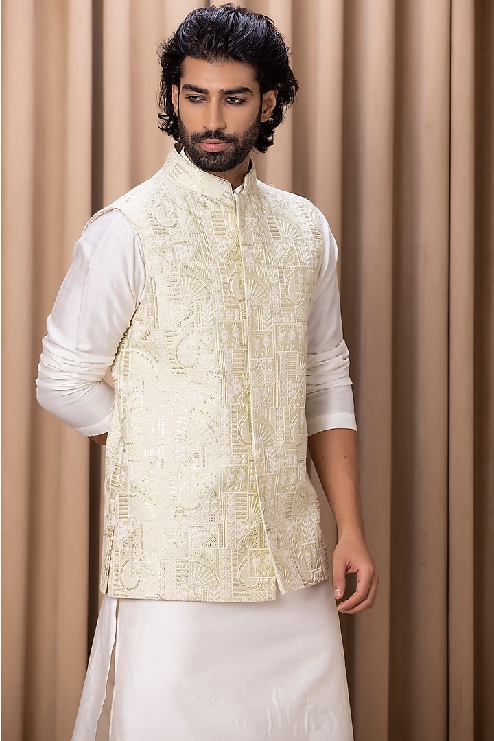 Mint Green Embroidered Bundi Jacket by Ankit V Kapoor at Pernia's Pop Up Shop