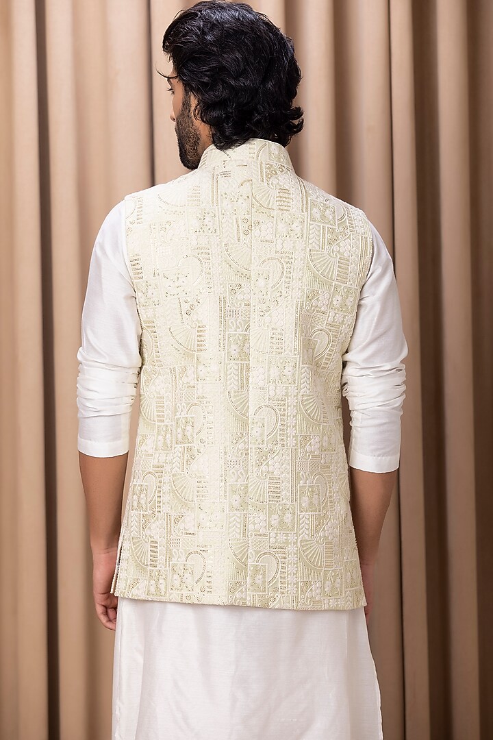 Mint Green Embroidered Bundi Jacket by Ankit V Kapoor at Pernia's Pop Up Shop