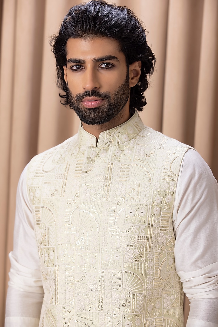 Mint Green Embroidered Bundi Jacket by Ankit V Kapoor at Pernia's Pop Up Shop