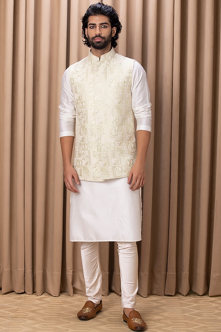 Mint Green Embroidered Bundi Jacket With Kurta Set by Ankit V Kapoor at Pernia's Pop Up Shop