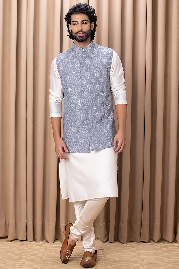 Ash Grey Embroidered Bundi Jacket by Ankit V Kapoor