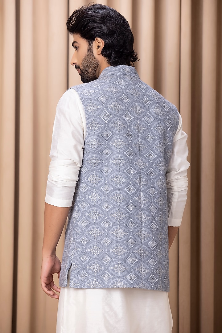 Ash Grey Pure Georgette Thread Machine Embroidered Lucknowi Bundi Jacket by Ankit V Kapoor at Pernia's Pop Up Shop