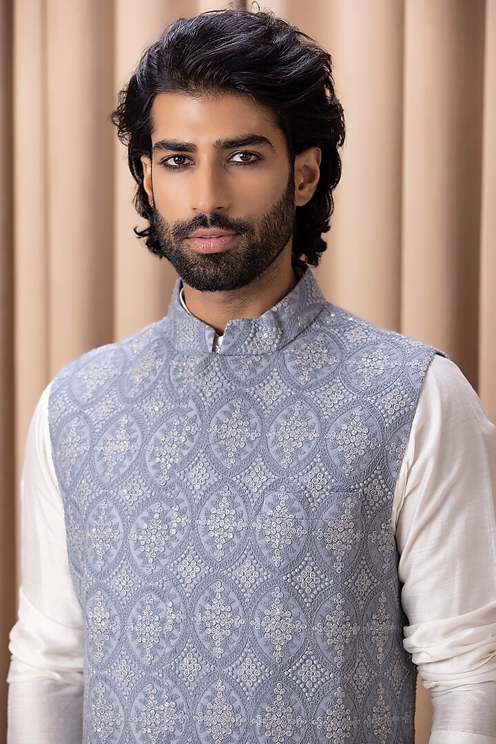 Ash Grey Pure Georgette Thread Machine Embroidered Lucknowi Bundi Jacket by Ankit V Kapoor at Pernia's Pop Up Shop