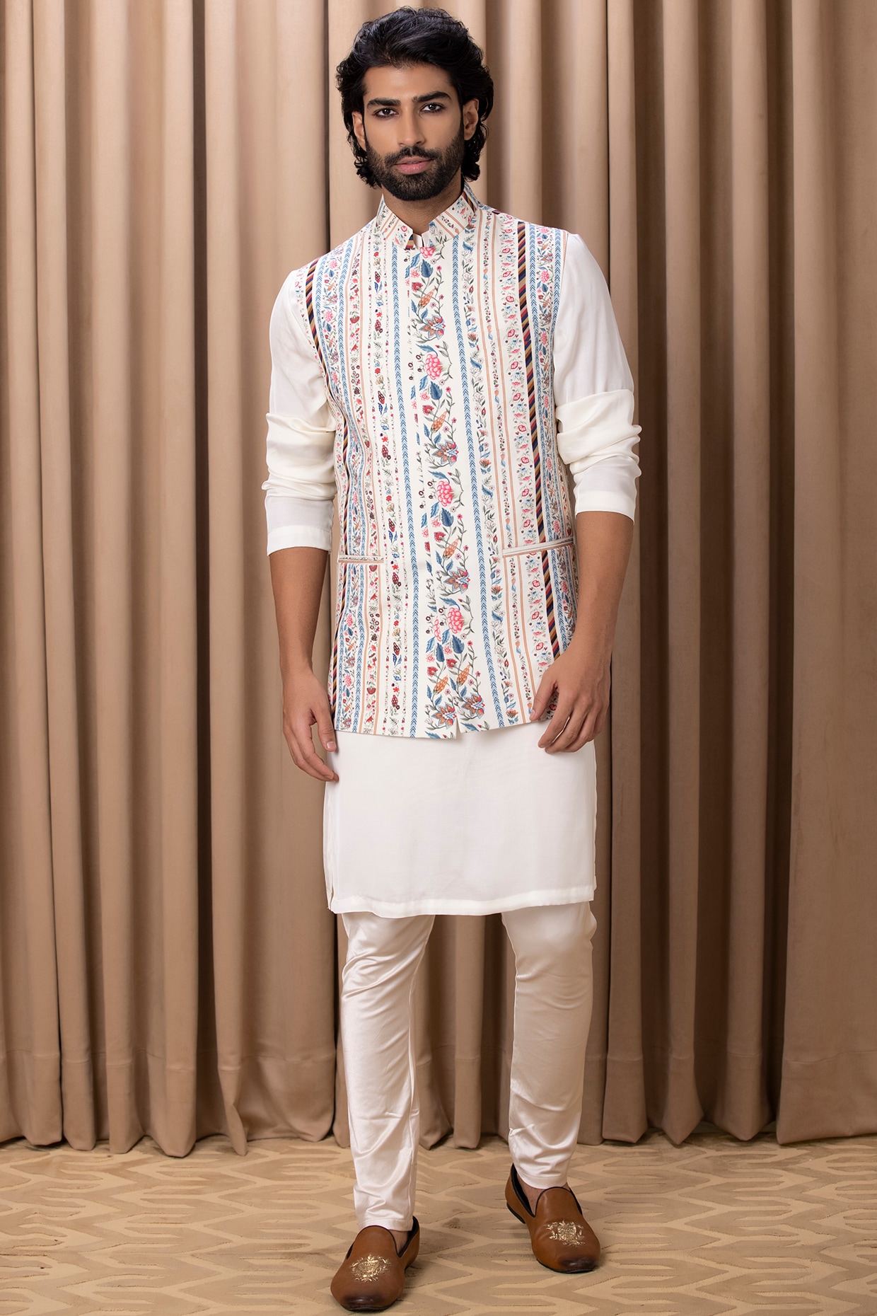 Buy Insign Blue Nehru Jacket And Kurta Set In Striped Hand Block Print,  Blue Kurta In Mandarin Collar Neckline And Full Sleeves.