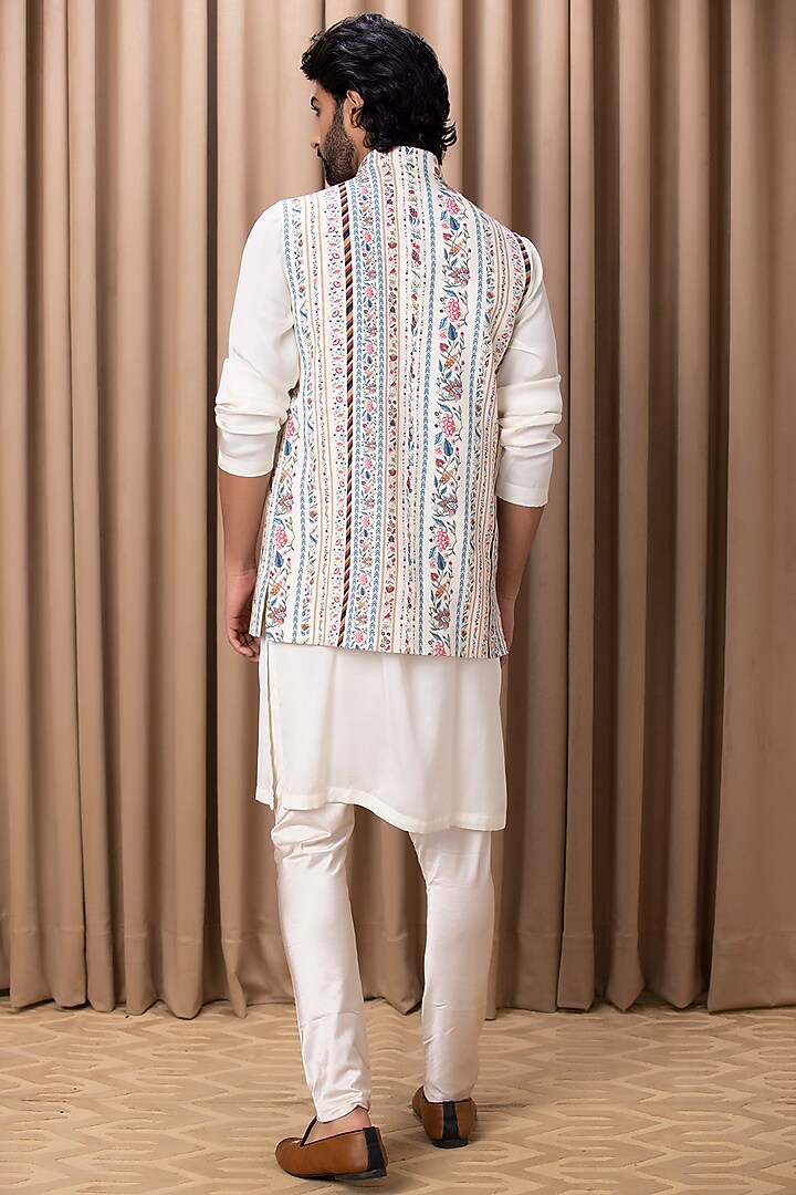 Ivory Cotton Silk Handpainted & Digital Printed Bundi Jacket by Ankit V Kapoor at Pernia's Pop Up Shop