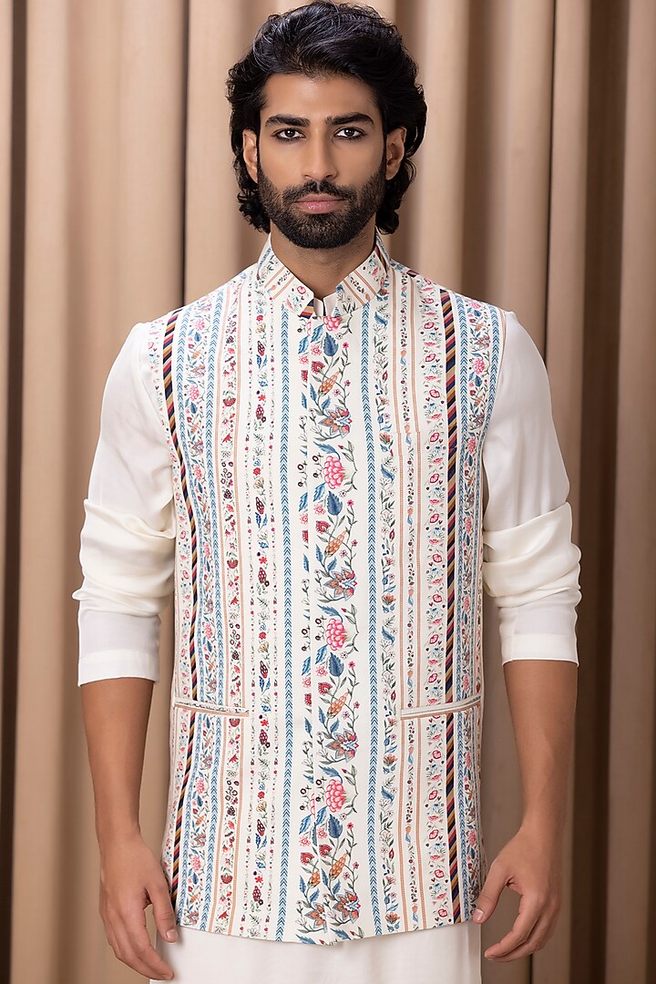 Ivory Cotton Silk Handpainted & Digital Printed Bundi Jacket by Ankit V Kapoor at Pernia's Pop Up Shop