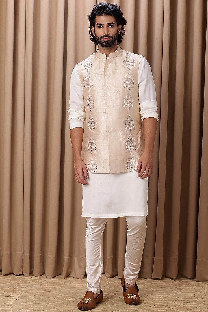 Beige Raw Silk Mirror Hand Embroidered Bundi Jacket Set by Ankit V Kapoor at Pernia's Pop Up Shop