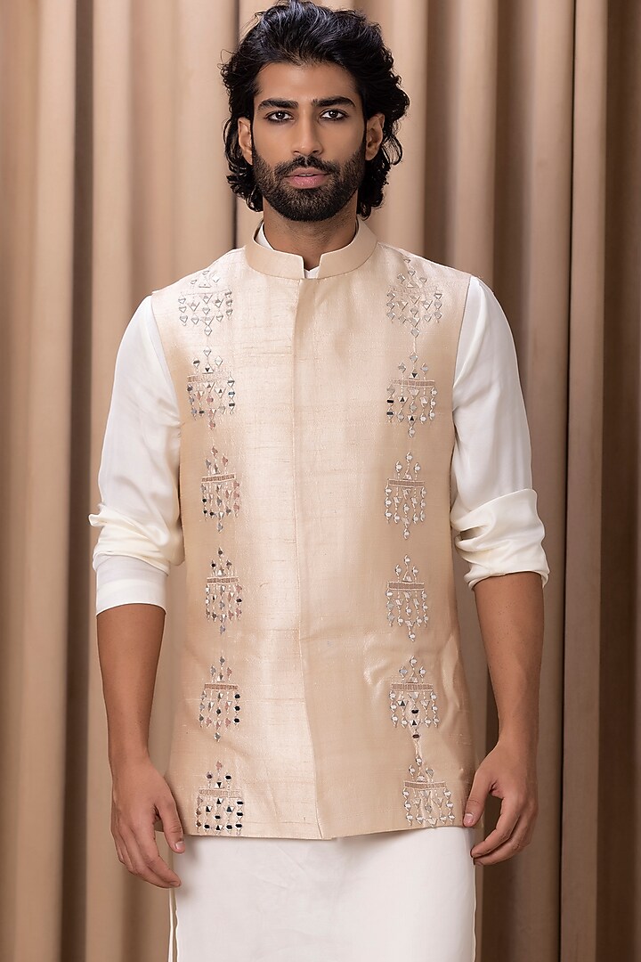 Beige Raw Silk Mirror Hand Embroidered Bundi Jacket Set by Ankit V Kapoor at Pernia's Pop Up Shop