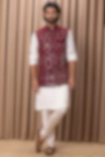 Wine Embroidered Bundi Jacket by Ankit V Kapoor at Pernia's Pop Up Shop