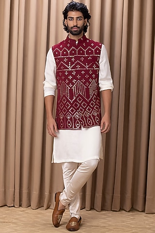 Wine Embroidered Bundi Jacket by Ankit V Kapoor