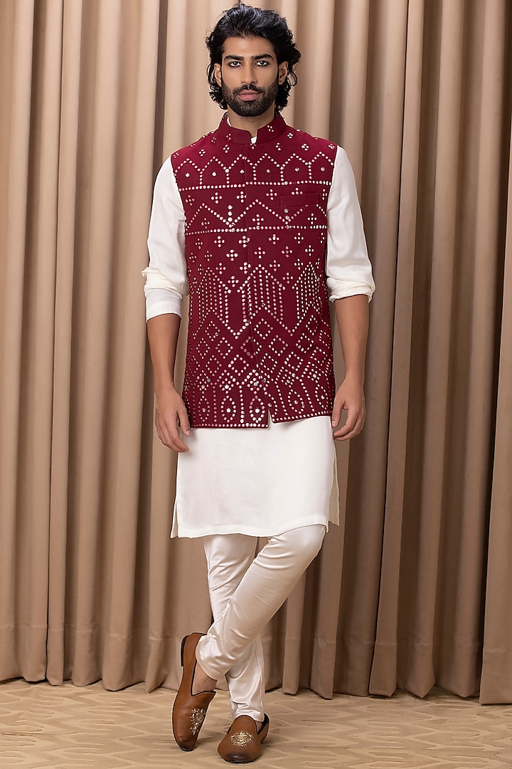 Wine Pure Georgette Thread Embroidered Bundi Jacket Set by Ankit V Kapoor at Pernia's Pop Up Shop